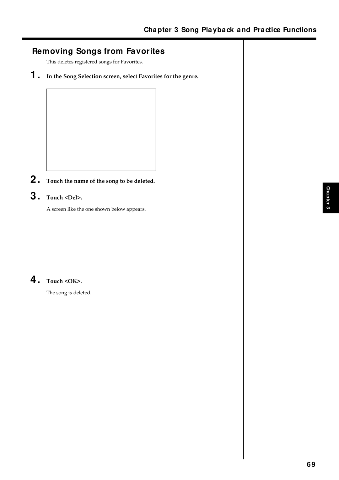 Roland KF-7 owner manual Removing Songs from Favorites, Song Selection screen, select Favorites for the genre 