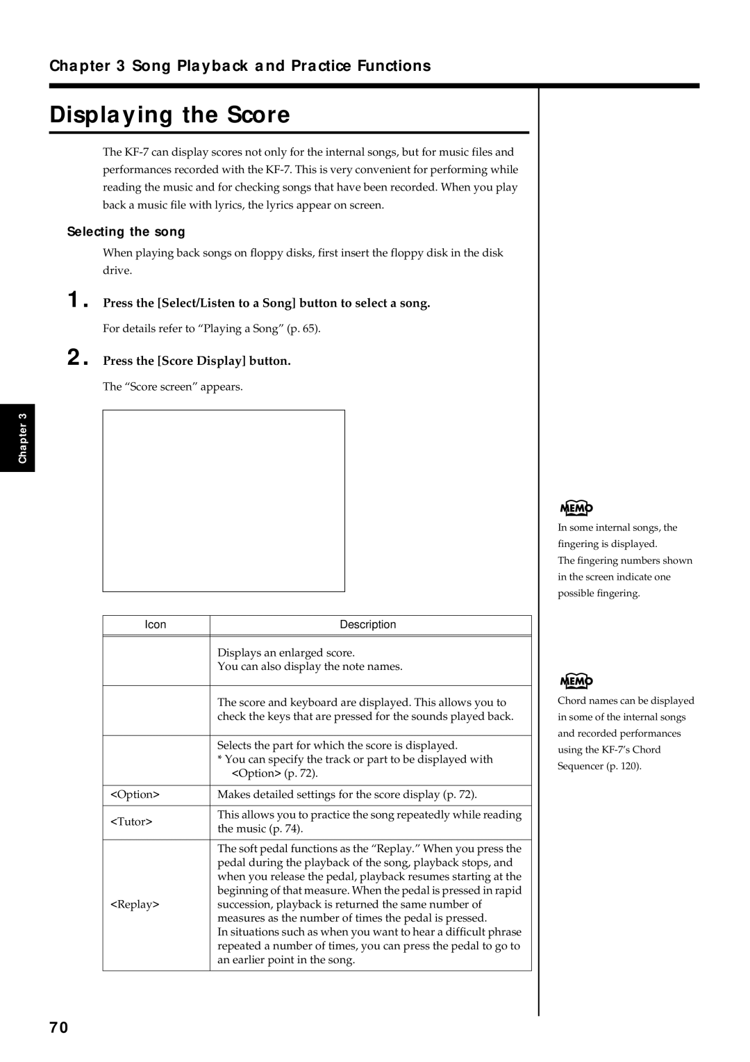 Roland KF-7 owner manual Displaying the Score, Press the Select/Listen to a Song button to select a song, Icon Description 