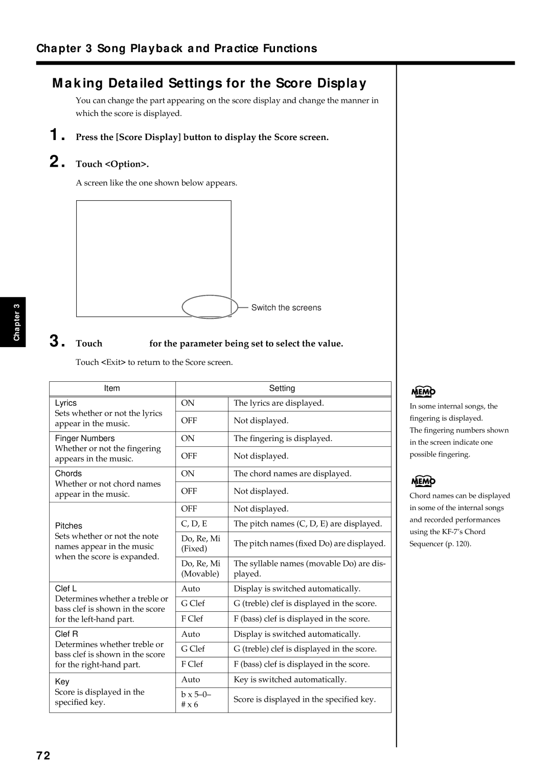 Roland KF-7 Making Detailed Settings for the Score Display, Touch for the parameter being set to select the value 