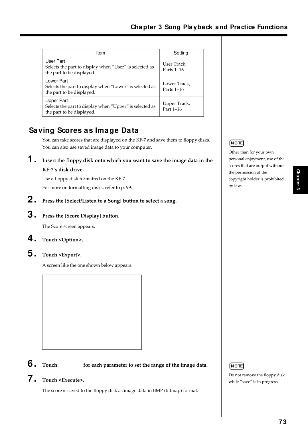 Roland KF-7 owner manual Saving Scores as Image Data, Touch Option Touch Export, User Part, Lower Part, Upper Part 