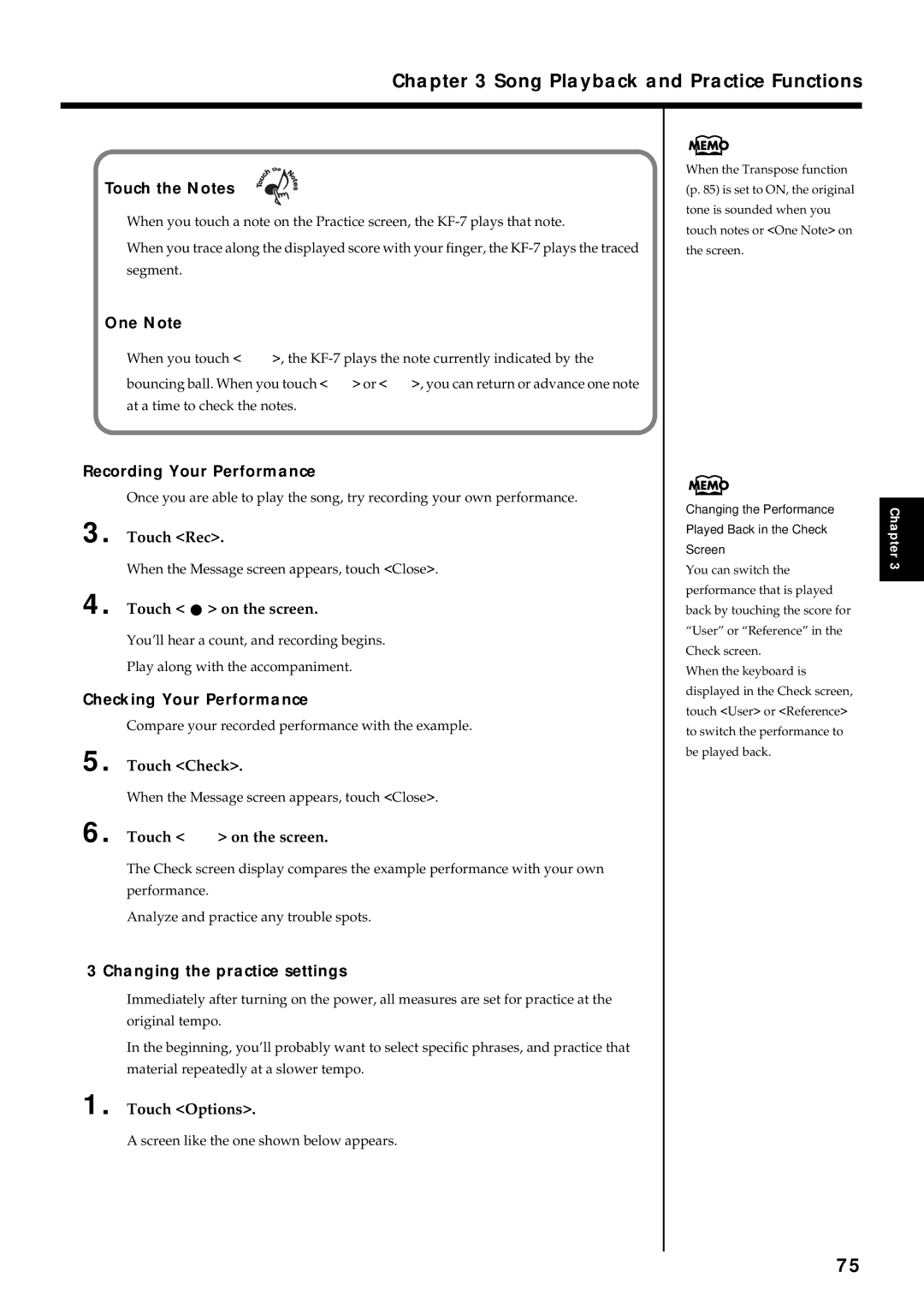 Roland KF-7 owner manual Touch the Notes, One Note, Recording Your Performance, Checking Your Performance 