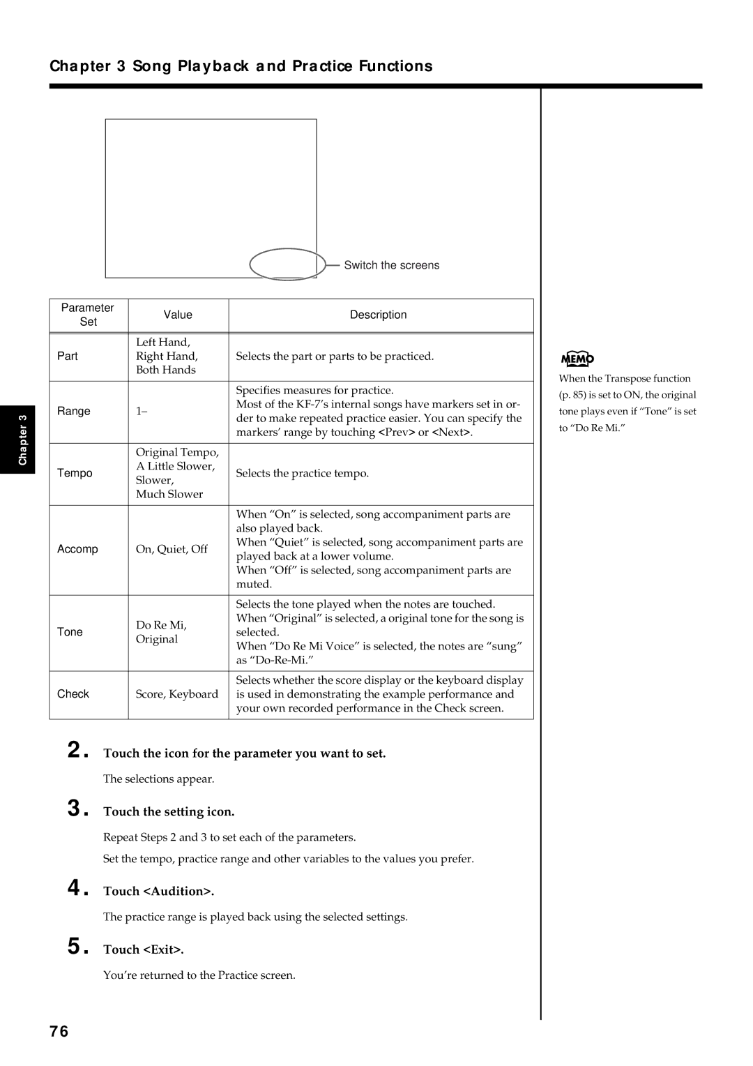 Roland KF-7 owner manual Touch the icon for the parameter you want to set, Touch the setting icon, Touch Audition 