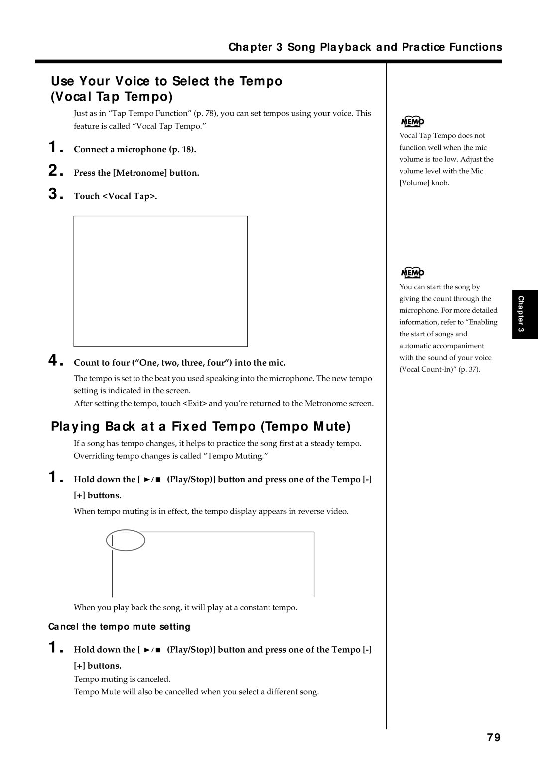 Roland KF-7 owner manual Use Your Voice to Select the Tempo Vocal Tap Tempo, Playing Back at a Fixed Tempo Tempo Mute 