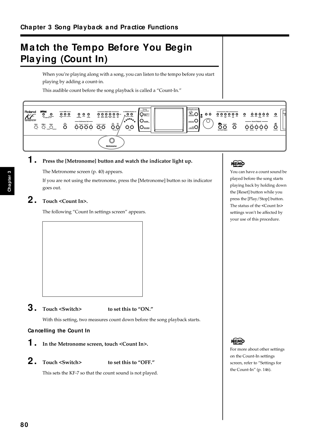 Roland KF-7 owner manual Match the Tempo Before You Begin Playing Count, Touch Count, Cancelling the Count 