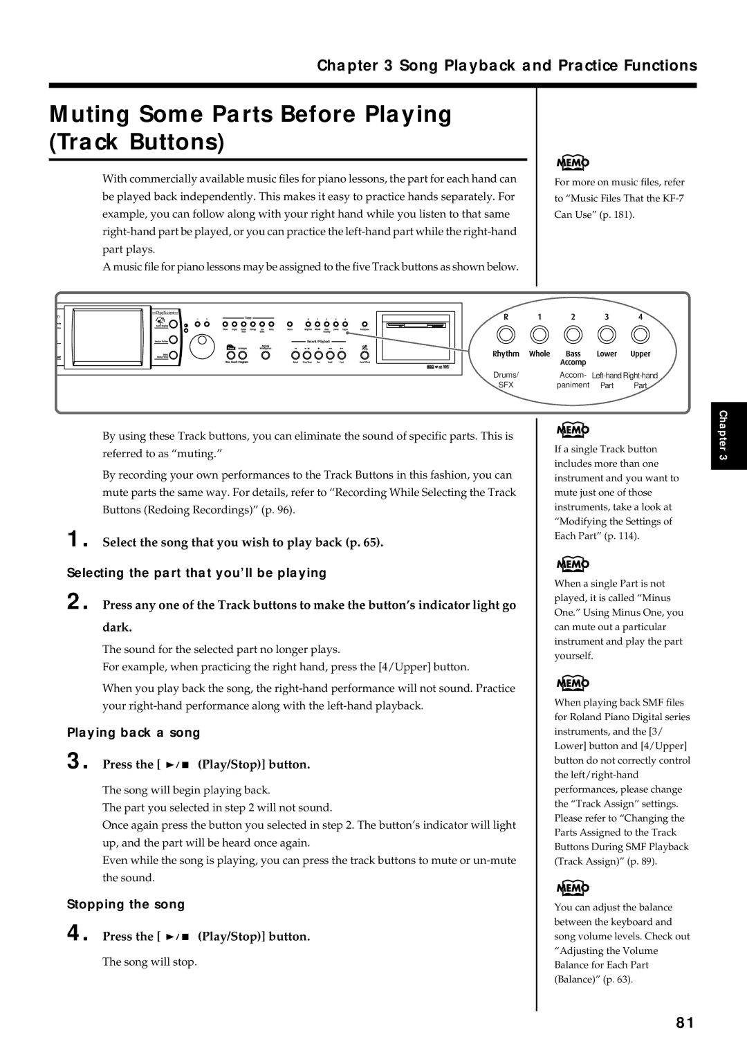 Roland KF-7 Muting Some Parts Before Playing Track Buttons, Select the song that you wish to play back p, Song will stop 