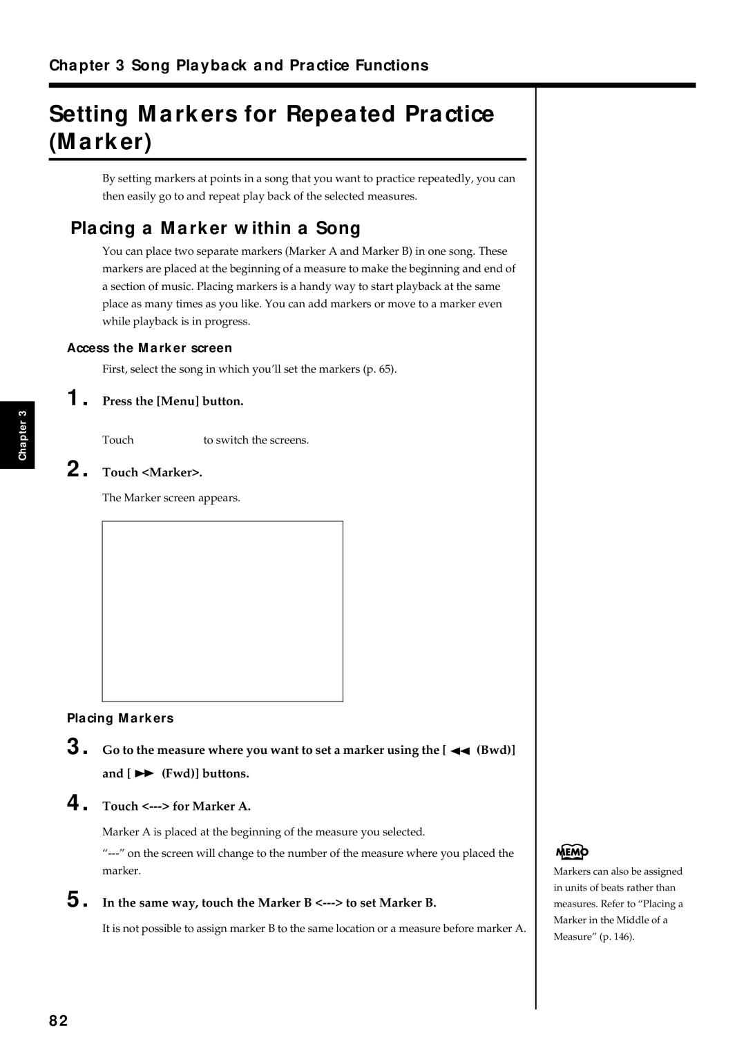 Roland KF-7 Setting Markers for Repeated Practice Marker, Placing a Marker within a Song, Access the Marker screen 