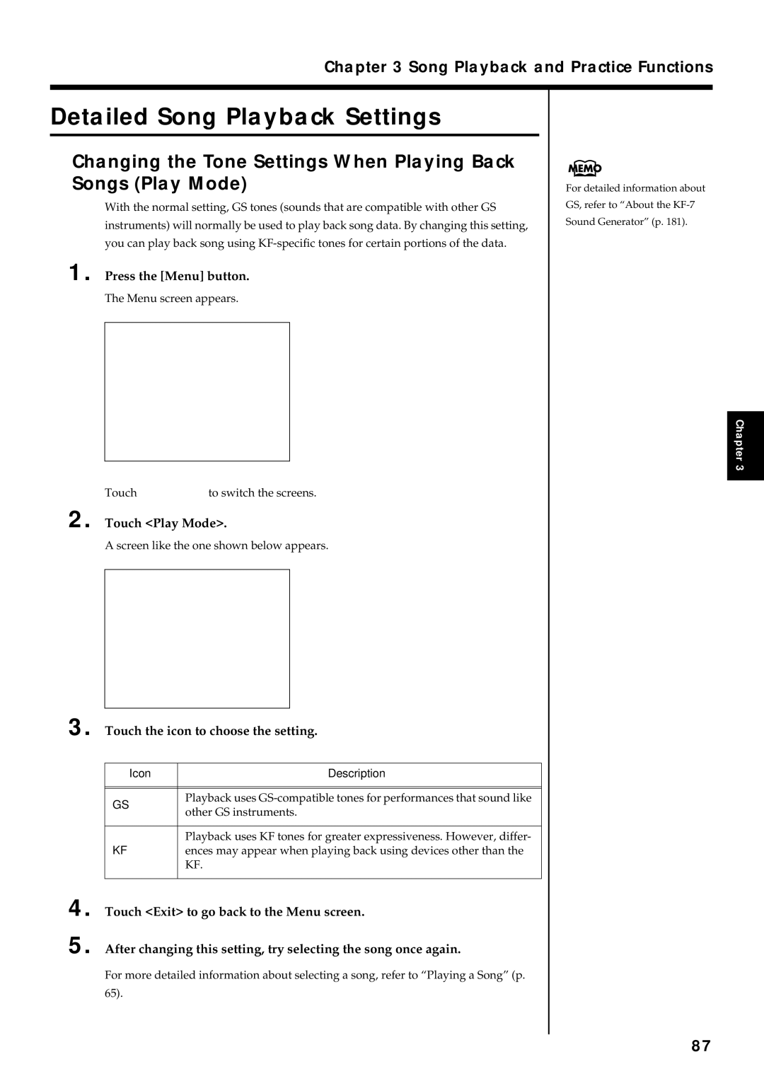 Roland KF-7 owner manual Detailed Song Playback Settings, Touch Play Mode, Touch the icon to choose the setting 