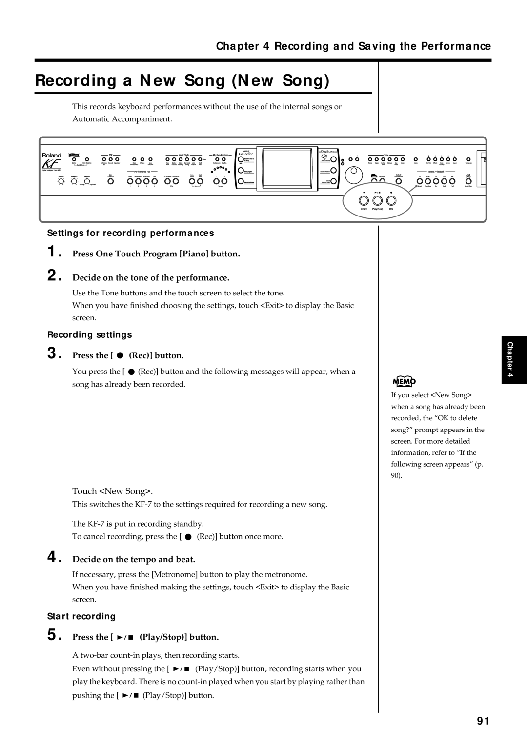 Roland KF-7 Recording a New Song New Song, Recording and Saving the Performance, Settings for recording performances 