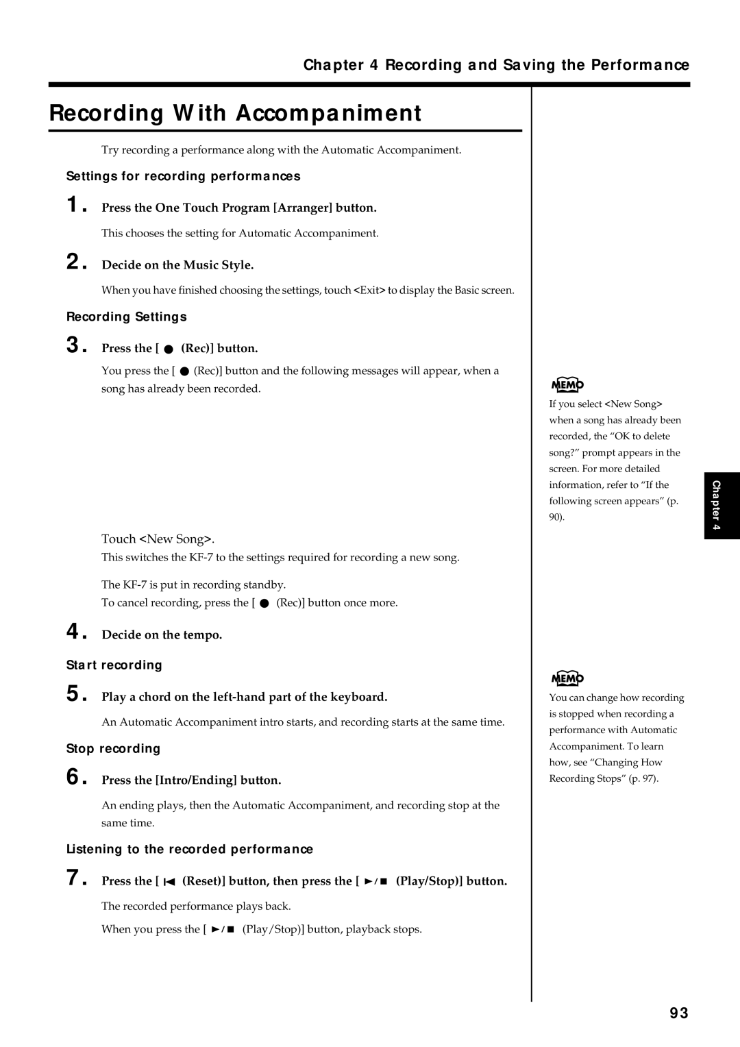 Roland KF-7 owner manual Recording With Accompaniment, Decide on the Music Style, Decide on the tempo 