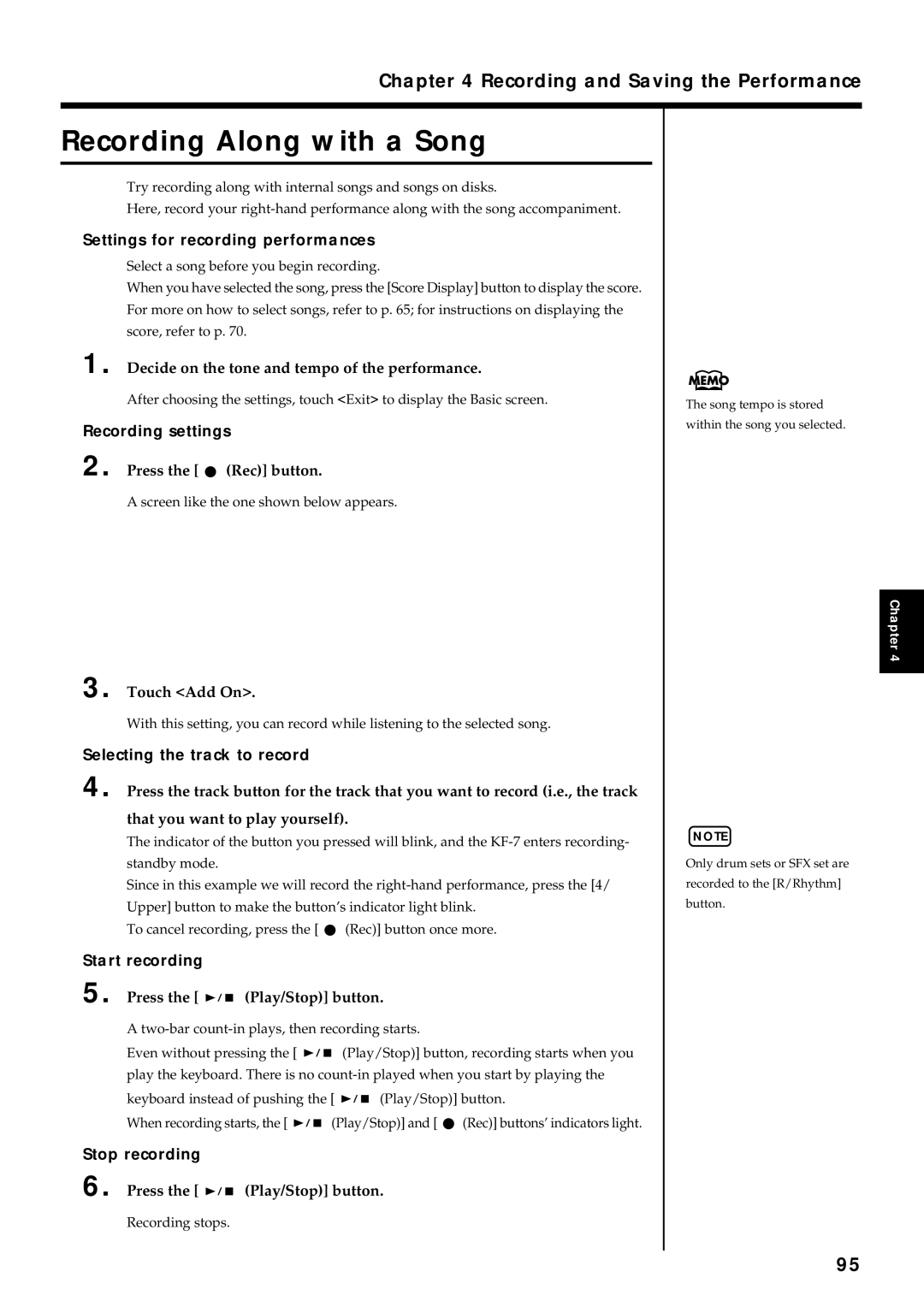 Roland KF-7 owner manual Recording Along with a Song, Decide on the tone and tempo of the performance, Touch Add On 