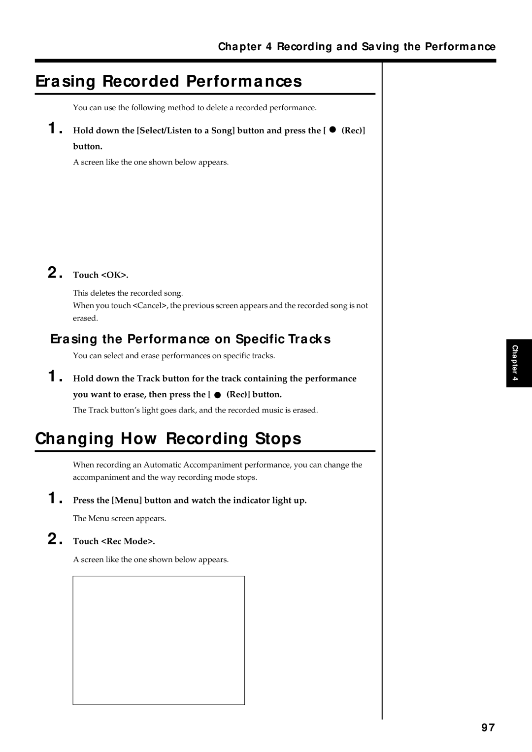 Roland KF-7 Erasing Recorded Performances, Changing How Recording Stops, Erasing the Performance on Specific Tracks 