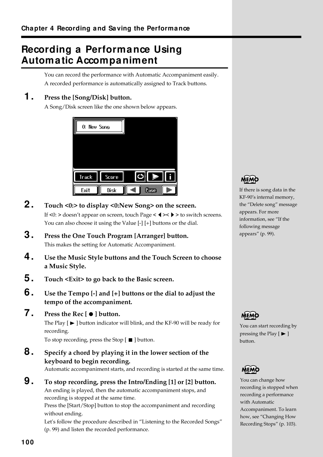 Roland KF-90 owner manual Recording a Performance Using Automatic Accompaniment, 100 