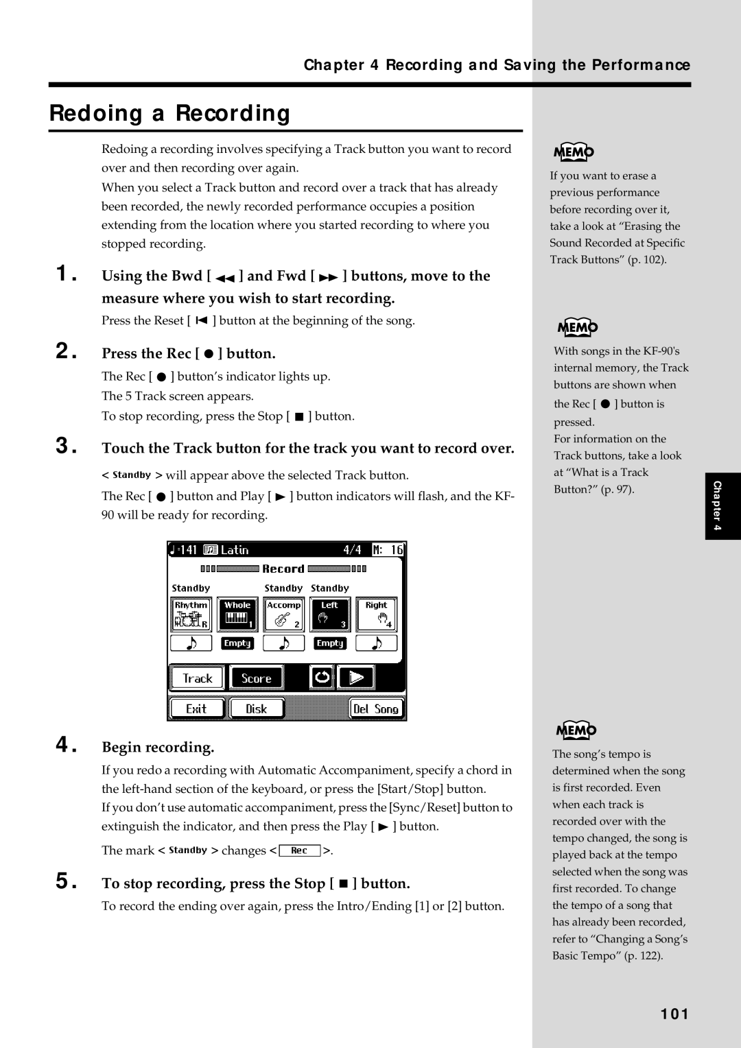 Roland KF-90 owner manual Redoing a Recording, Begin recording, To stop recording, press the Stop button, 101 