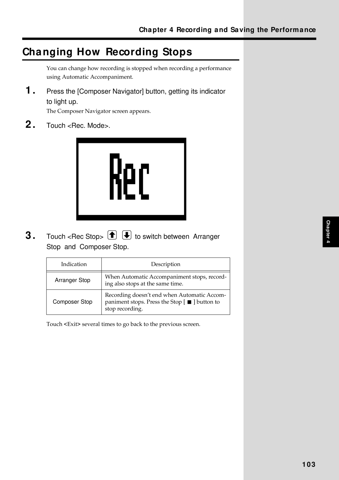 Roland KF-90 owner manual Changing How Recording Stops, Touch Rec. Mode, 103, Arranger Stop, Composer Stop 