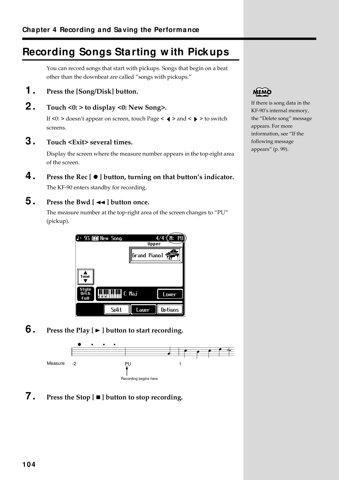 Roland KF-90 owner manual Recording Songs Starting with Pickups, 104 