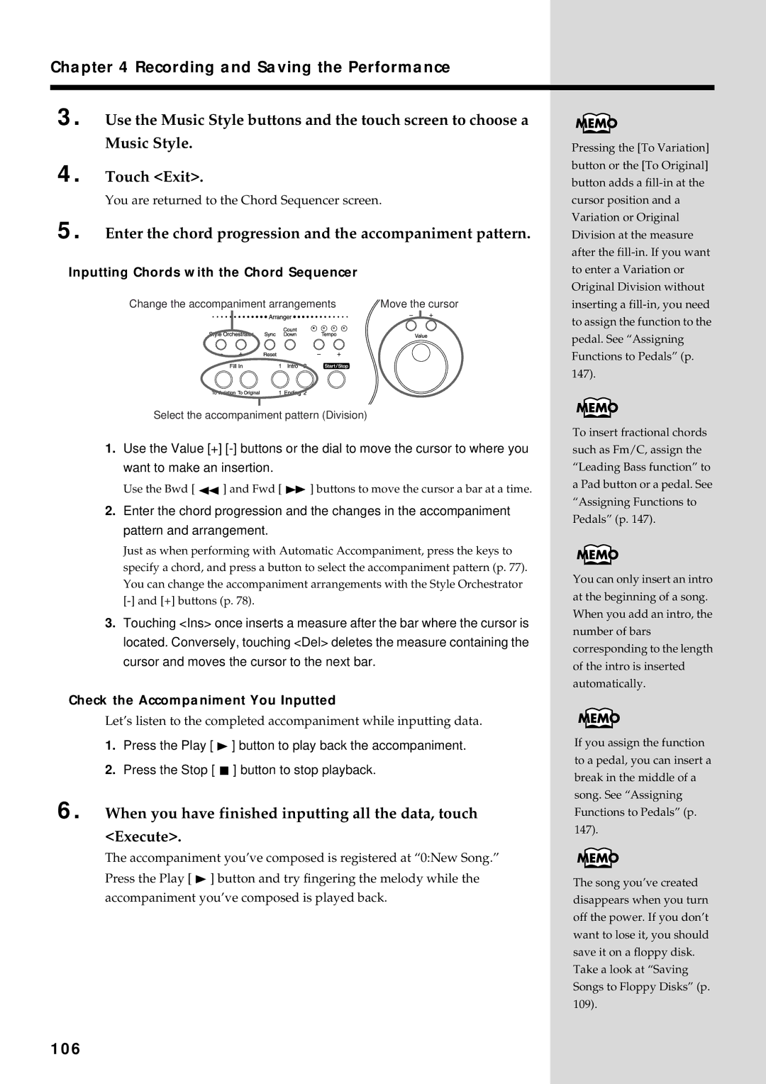 Roland KF-90 Enter the chord progression and the accompaniment pattern, 106, Inputting Chords with the Chord Sequencer 