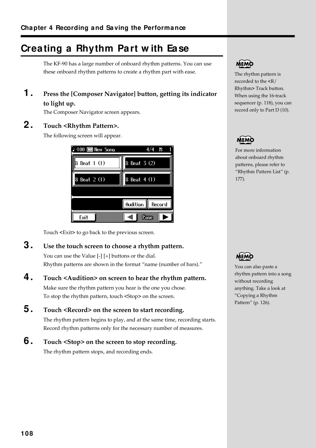 Roland KF-90 owner manual Creating a Rhythm Part with Ease, 108 