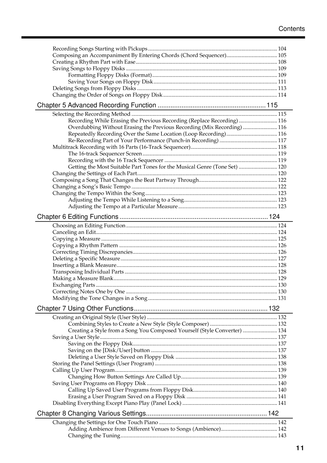 Roland KF-90 owner manual Advanced Recording Function 115, Editing Functions 124, Using Other Functions 132 