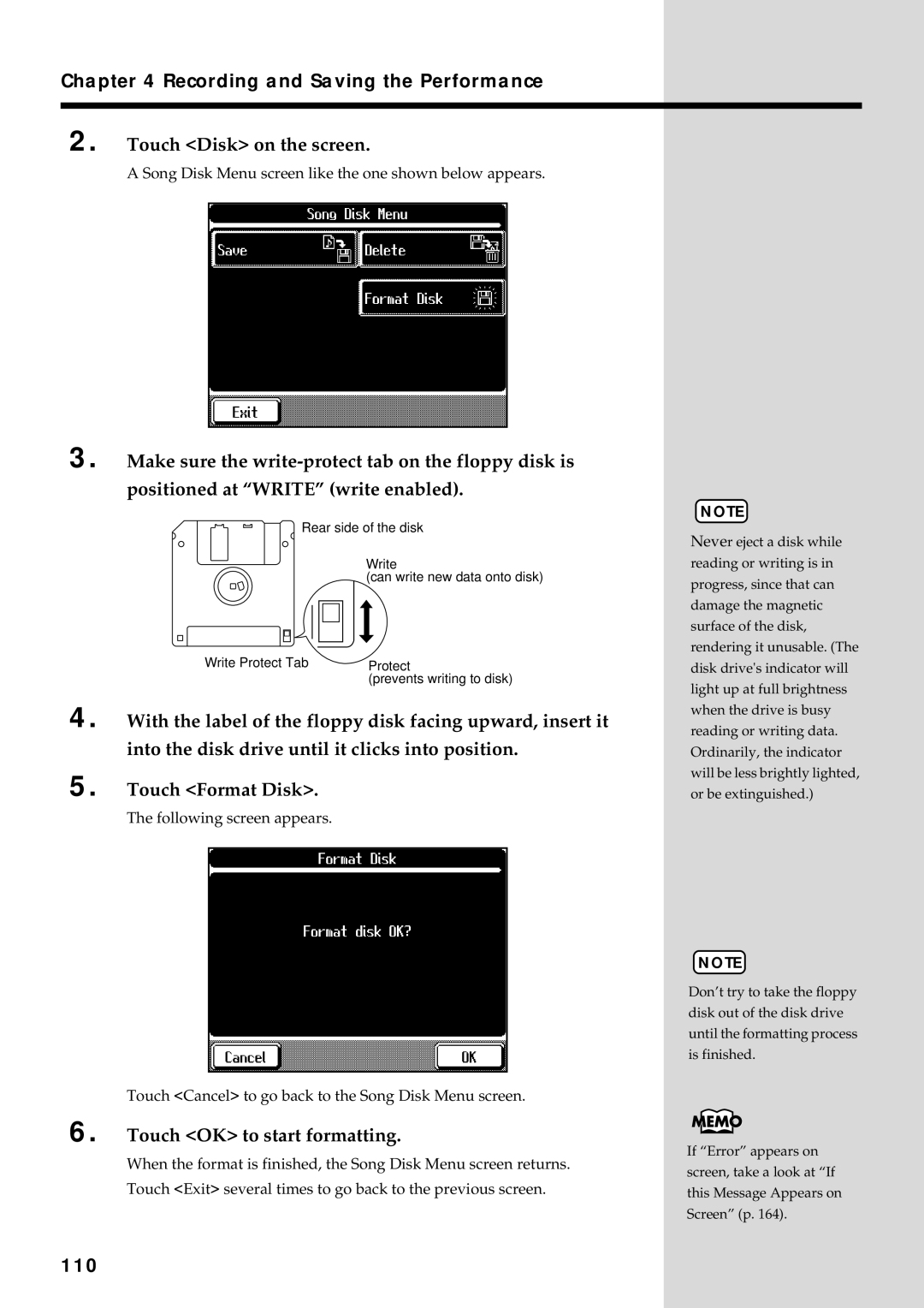 Roland KF-90 owner manual Touch Disk on the screen, Touch OK to start formatting, 110 