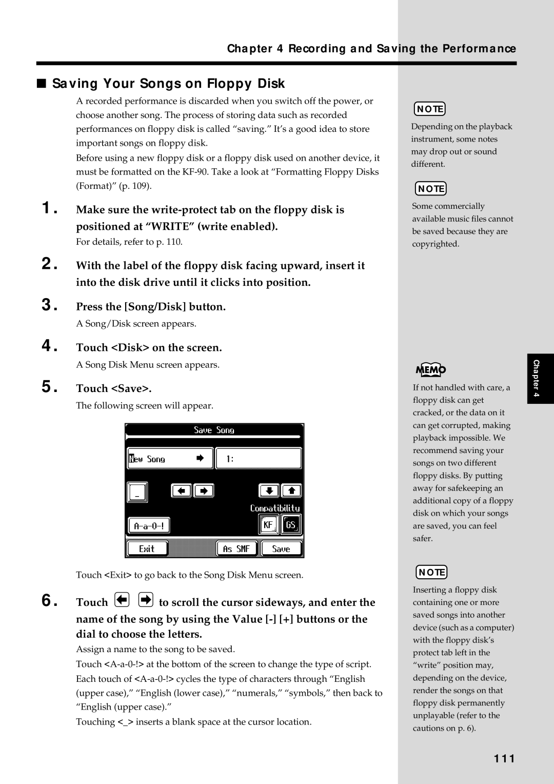 Roland KF-90 owner manual Saving Your Songs on Floppy Disk, Touch Save, 111 