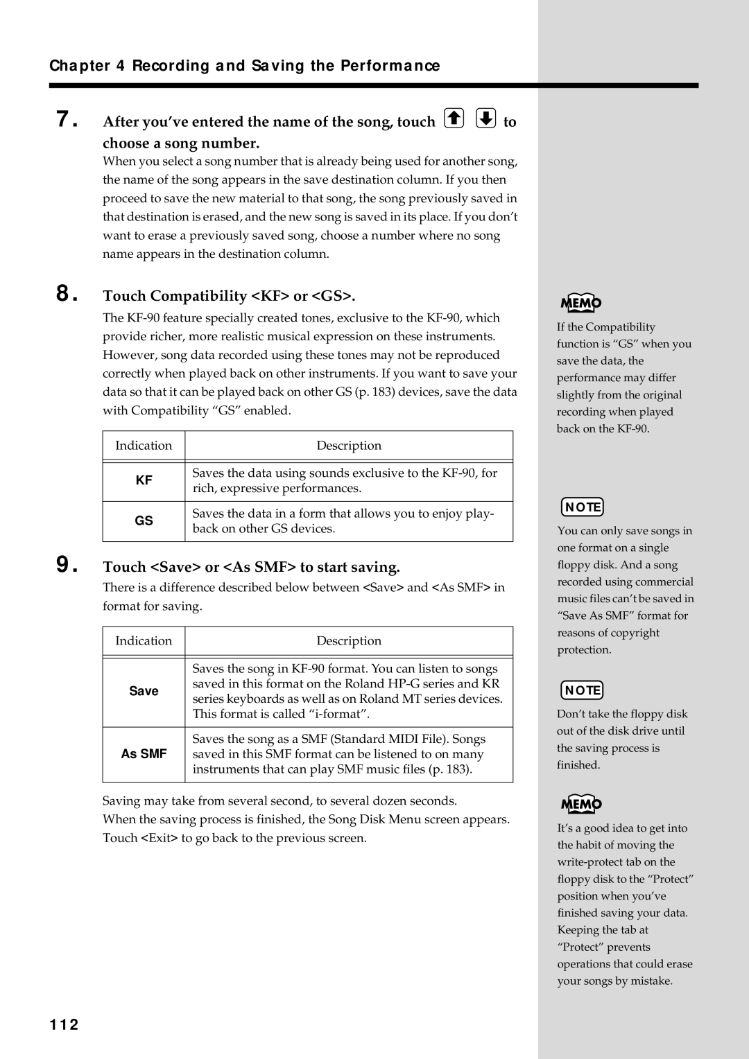 Roland KF-90 owner manual Touch Compatibility KF or GS, Touch Save or As SMF to start saving, 112 