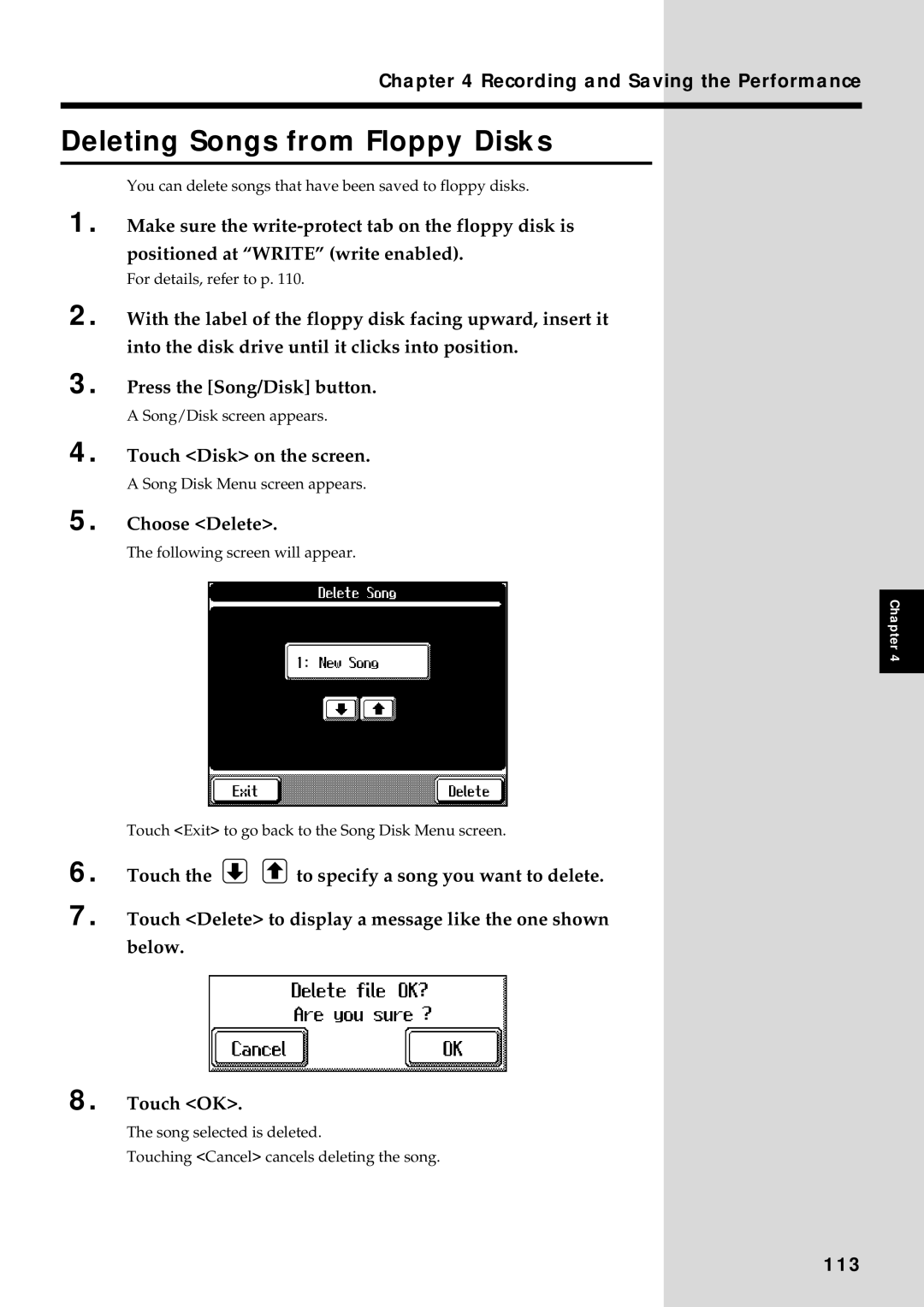 Roland KF-90 owner manual Deleting Songs from Floppy Disks, 113 