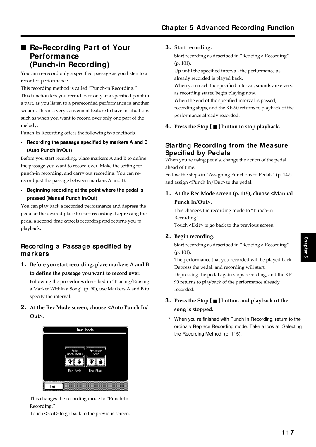 Roland KF-90 Re-Recording Part of Your Performance Punch-in Recording, Recording a Passage specified by markers, 117 