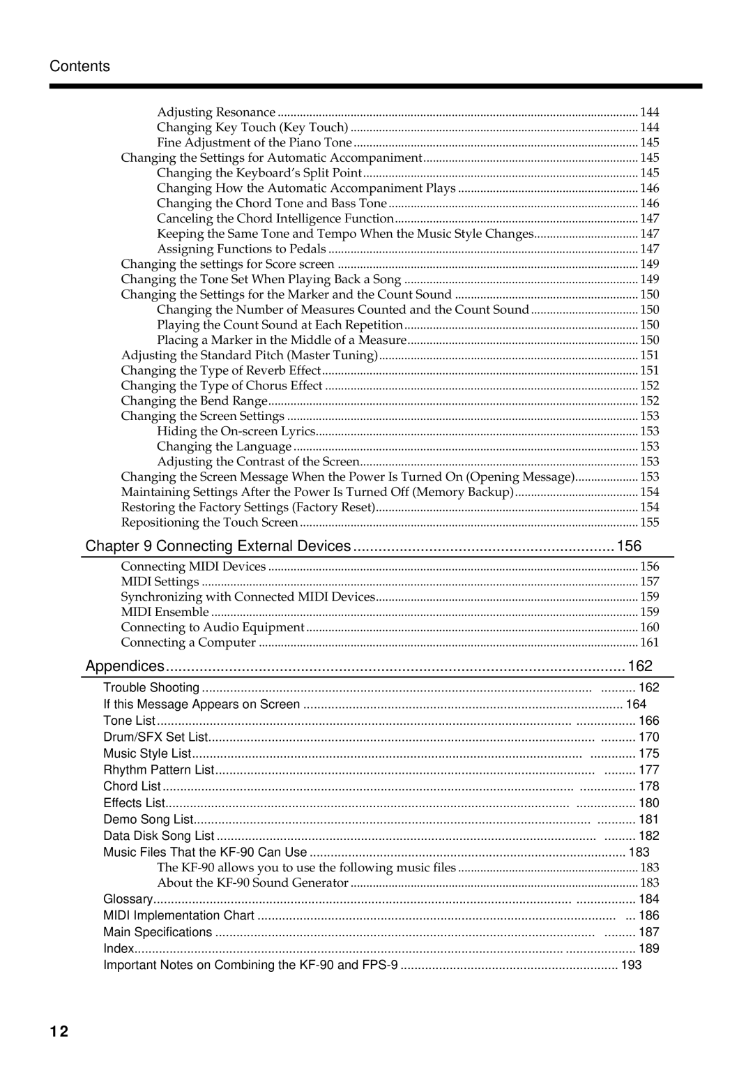 Roland KF-90 owner manual Connecting External Devices 156, Appendices 162 