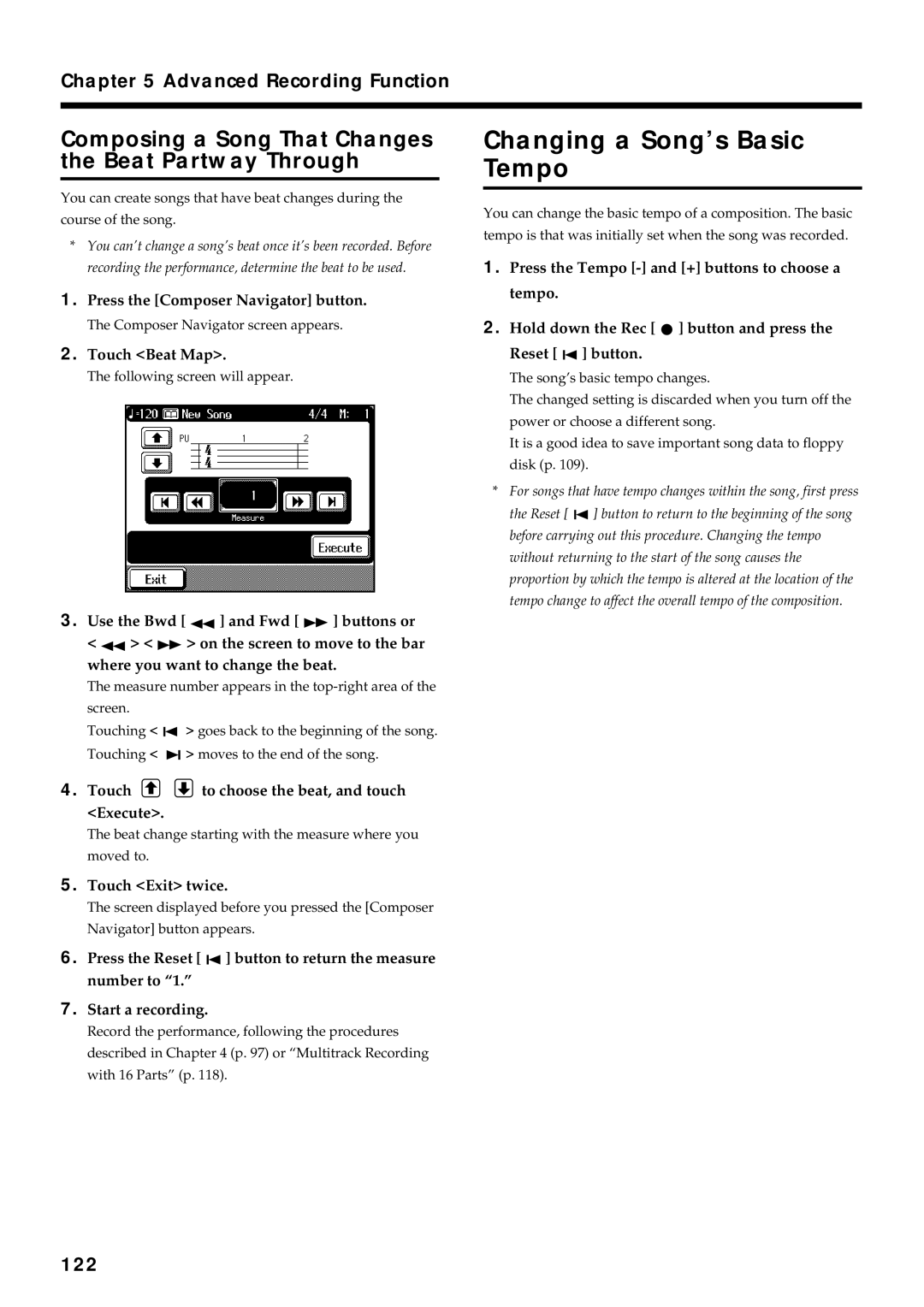 Roland KF-90 owner manual Changing a Song’s Basic Tempo, Composing a Song That Changes the Beat Partway Through, 122 