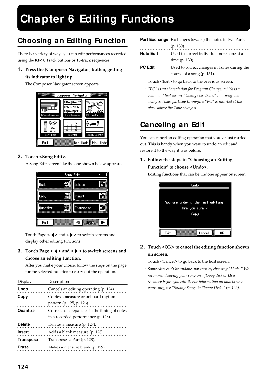 Roland KF-90 owner manual Editing Functions, Choosing an Editing Function, Canceling an Edit, 124 