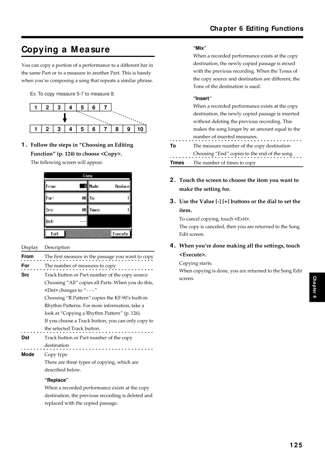 Roland KF-90 owner manual Copying a Measure, Editing Functions, 125, 3 4 5 6 3 4 5 6 7 8 9 