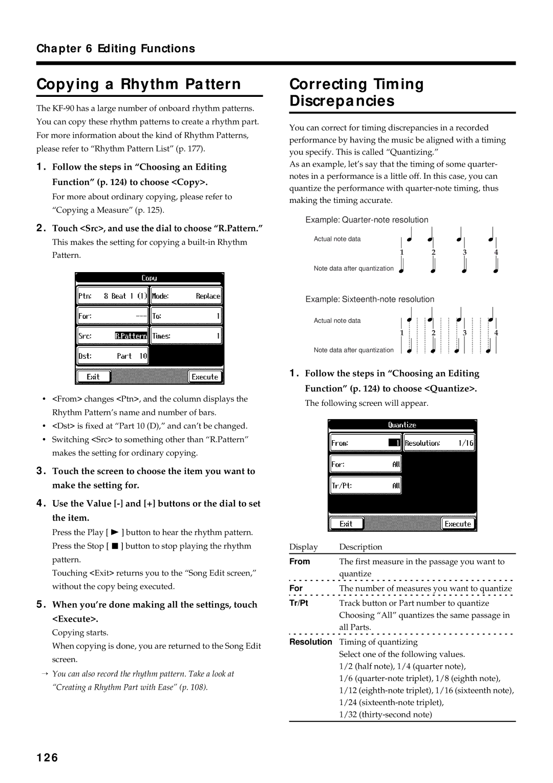 Roland KF-90 owner manual Copying a Rhythm Pattern, Correcting Timing Discrepancies, 126 