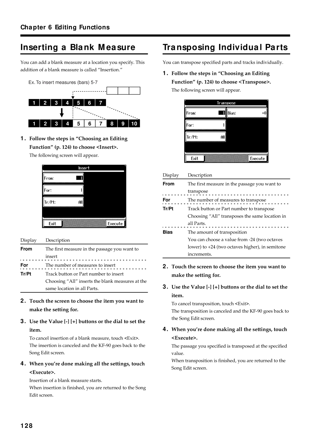 Roland KF-90 owner manual Inserting a Blank Measure, Transposing Individual Parts, 128 