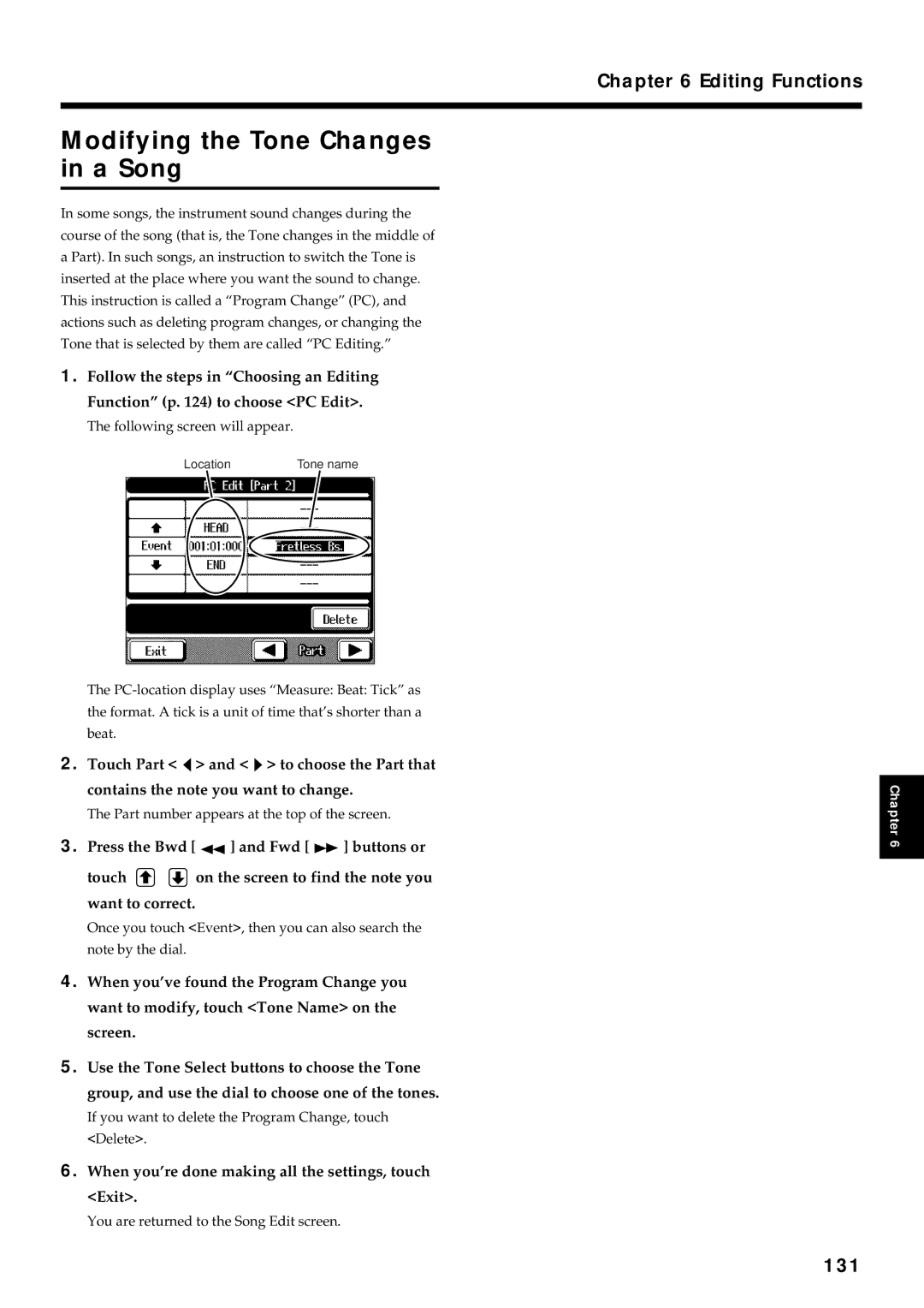 Roland KF-90 owner manual Modifying the Tone Changes in a Song, 131 