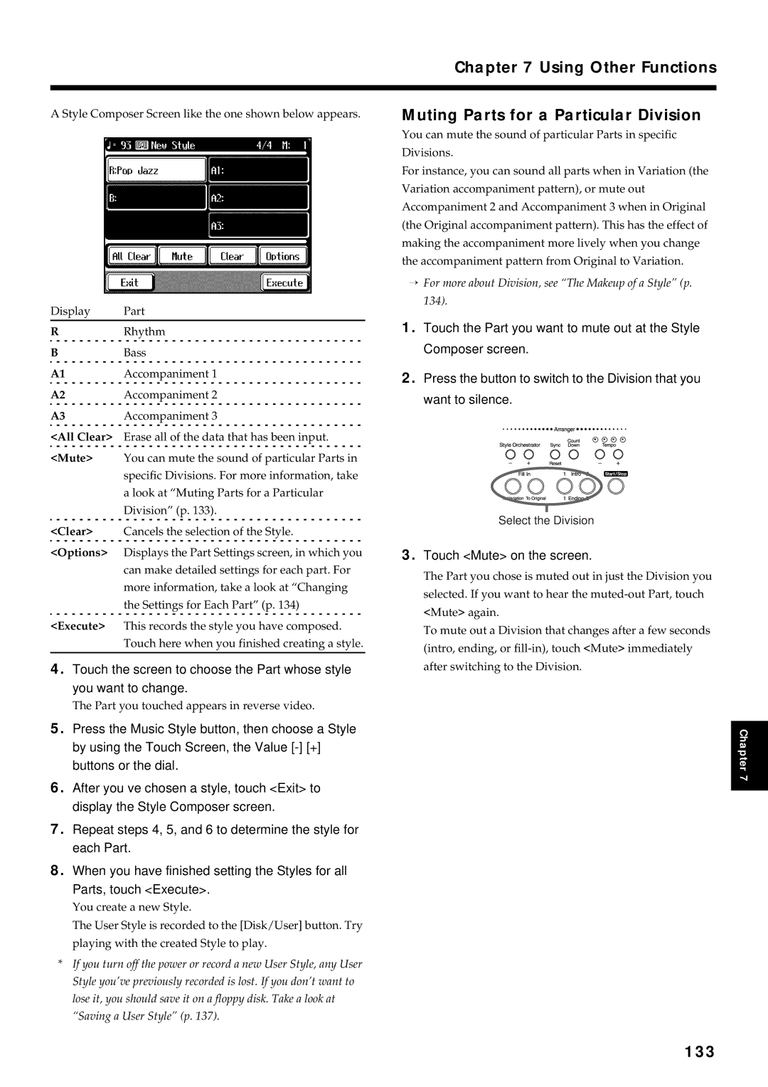 Roland KF-90 owner manual Using Other Functions, Muting Parts for a Particular Division, 133, Touch Mute on the screen 