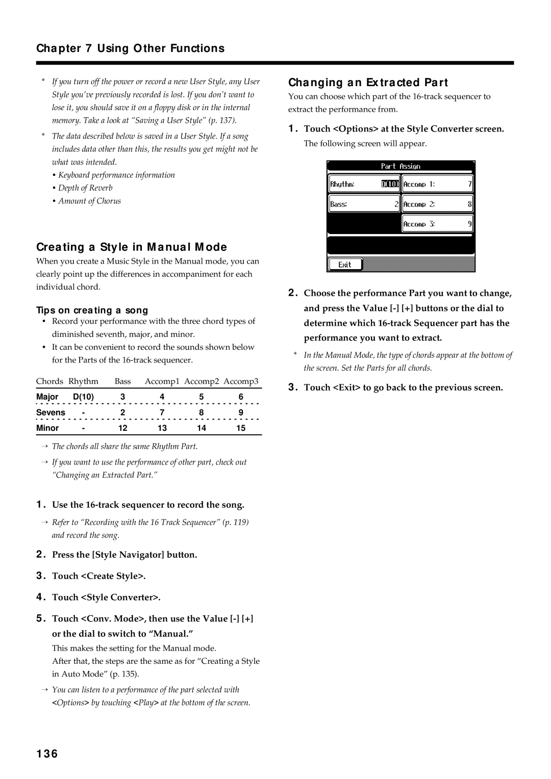 Roland KF-90 Creating a Style in Manual Mode, Changing an Extracted Part, 136, Touch Options at the Style Converter screen 