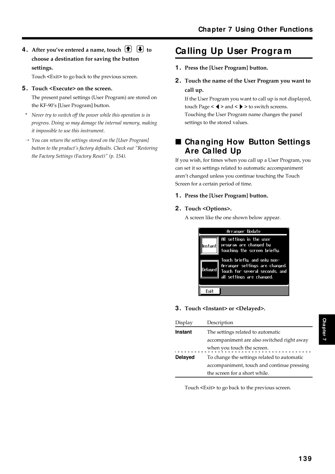 Roland KF-90 owner manual Calling Up User Program, Changing How Button Settings Are Called Up, 139 