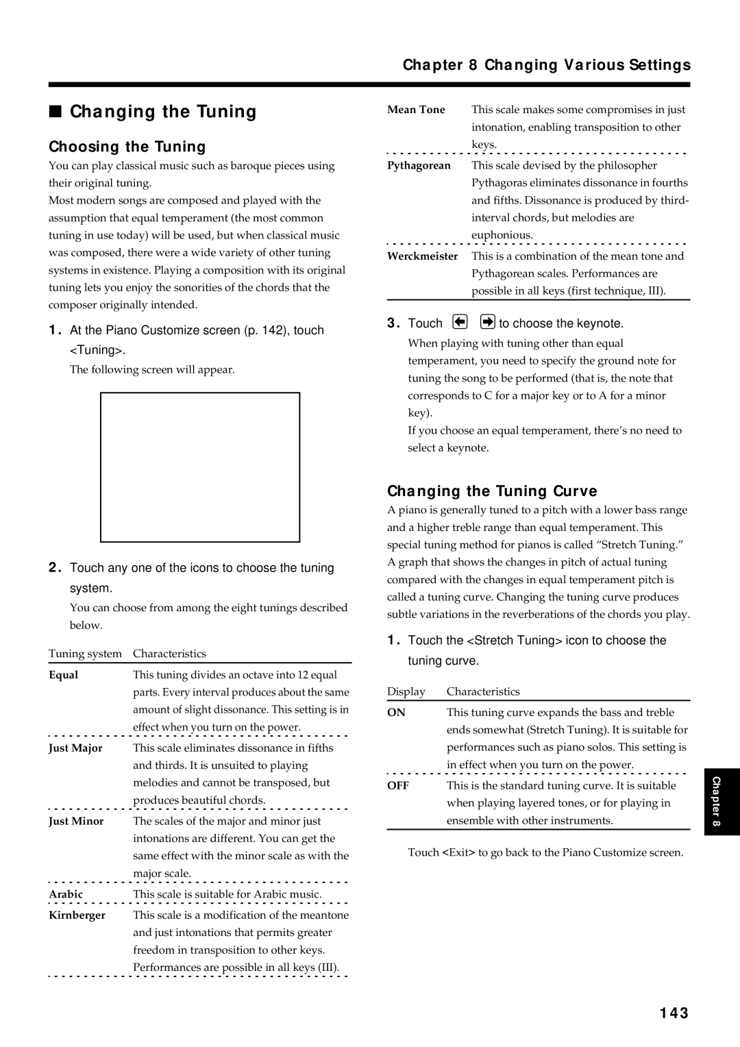 Roland KF-90 owner manual Changing Various Settings, Choosing the Tuning, Changing the Tuning Curve, 143 