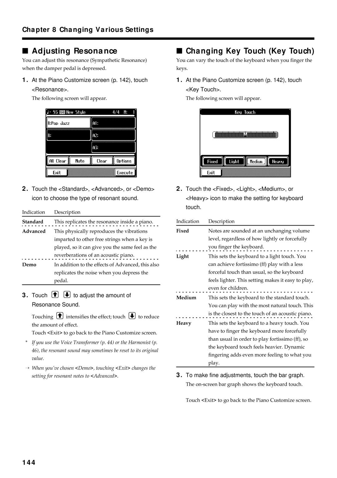 Roland KF-90 owner manual Adjusting Resonance, Changing Key Touch Key Touch, 144 