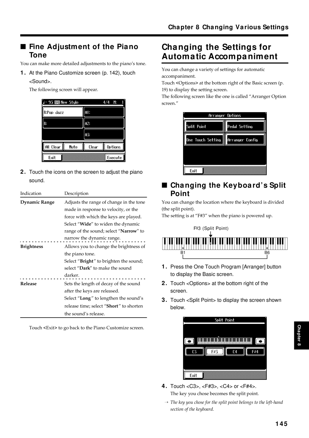 Roland KF-90 owner manual Changing the Settings for Automatic Accompaniment, Fine Adjustment of the Piano Tone, 145 