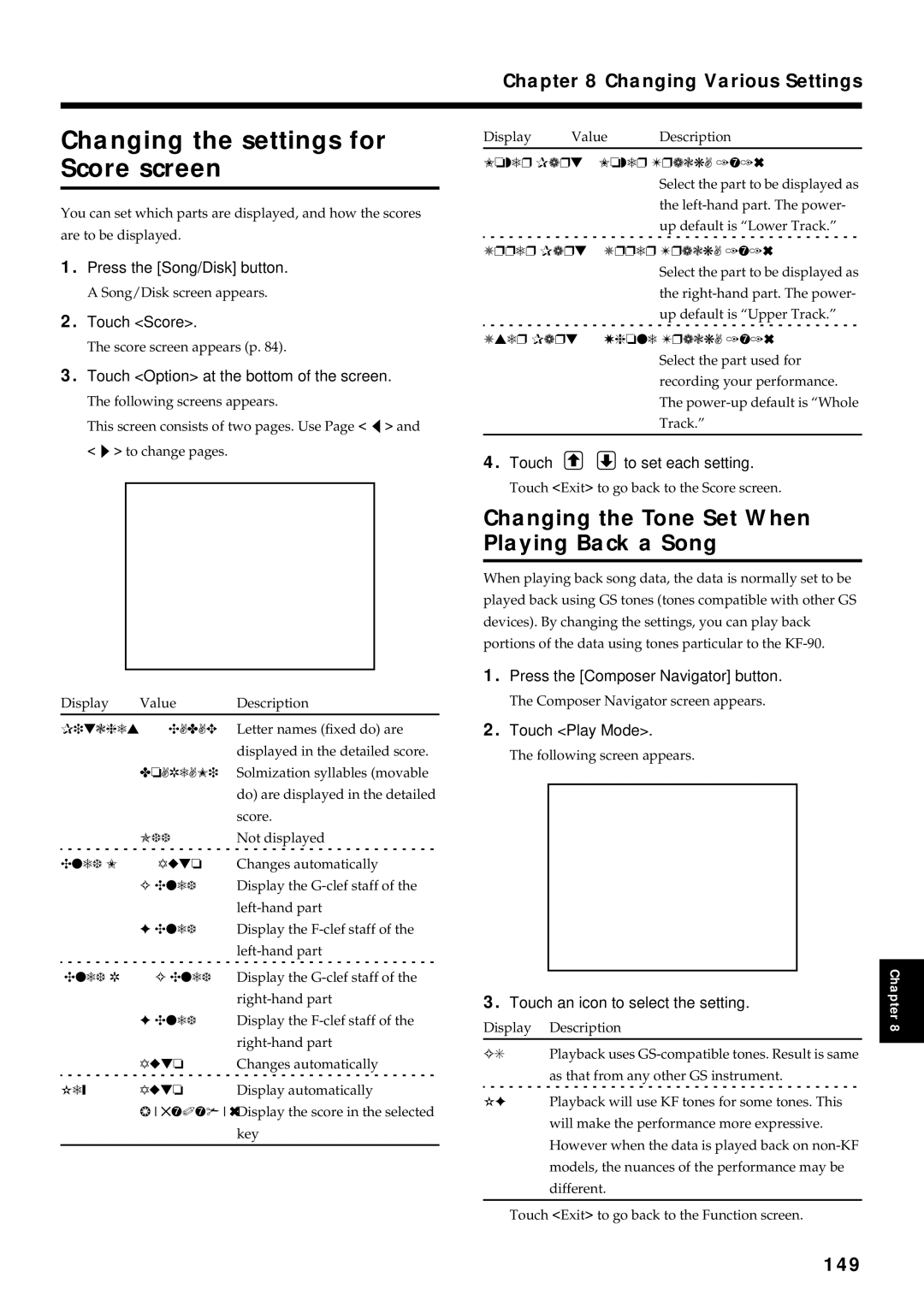 Roland KF-90 owner manual Changing the settings for Score screen, Changing the Tone Set When Playing Back a Song, 149 