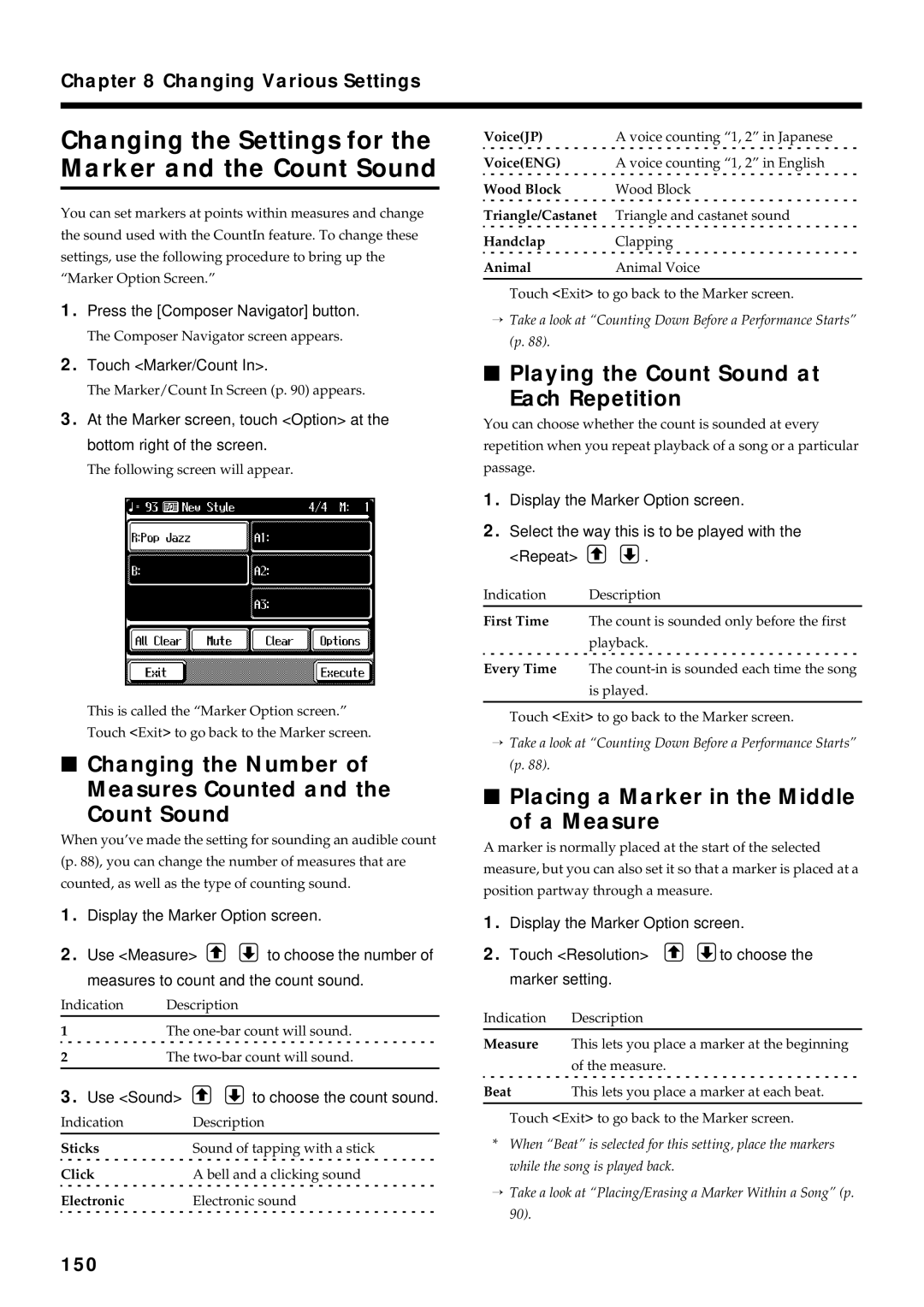 Roland KF-90 Changing the Settings for the Marker and the Count Sound, Changing the Number of Measures Counted Count Sound 