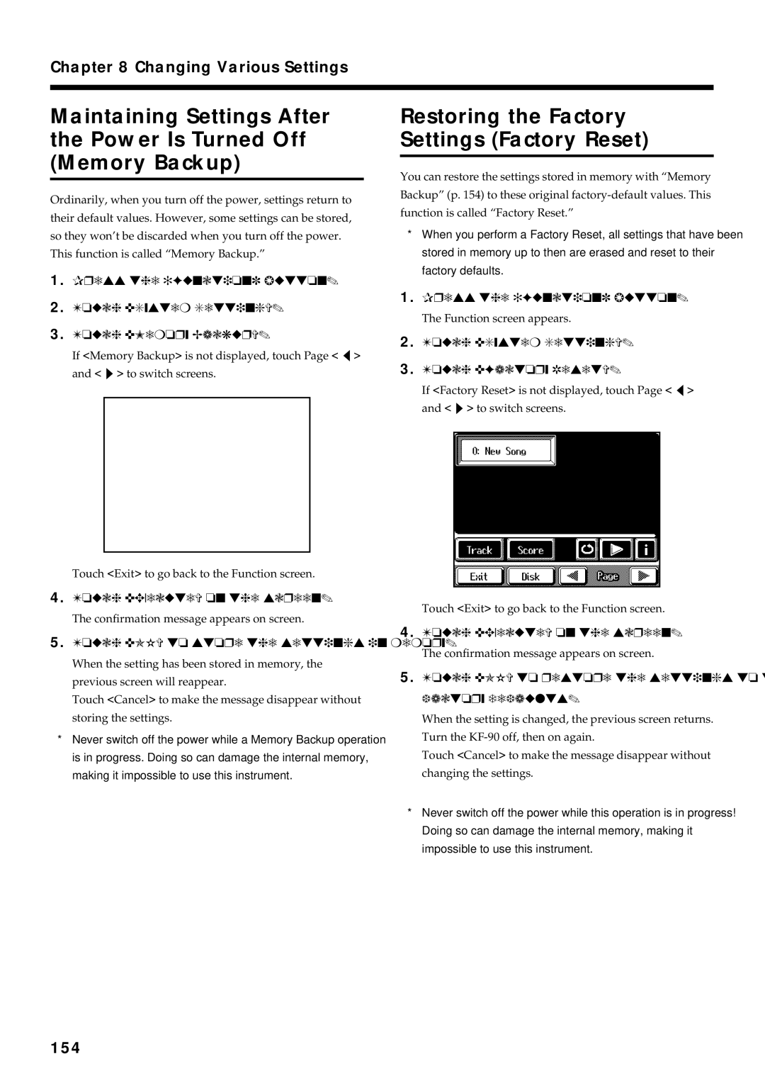 Roland KF-90 owner manual Restoring the Factory Settings Factory Reset, 154, Touch OK to store the settings in memory 