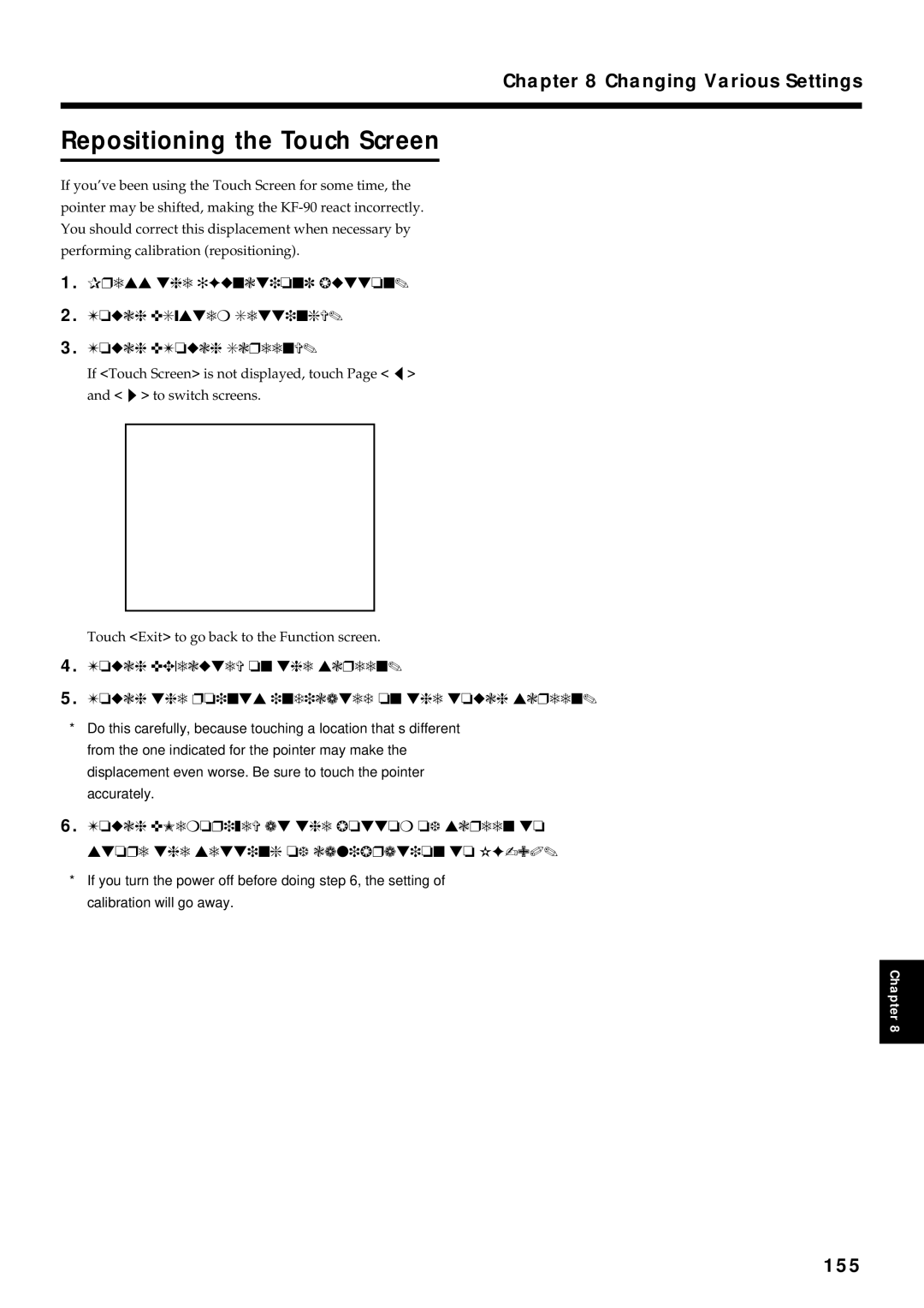 Roland KF-90 owner manual Repositioning the Touch Screen, 155 