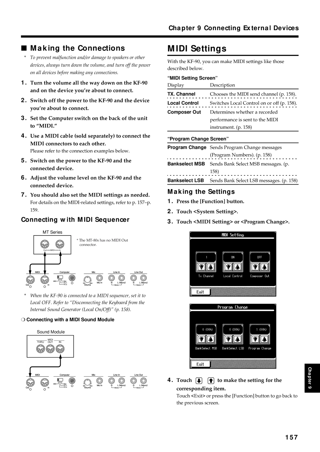 Roland KF-90 owner manual Midi Settings, Making the Connections 