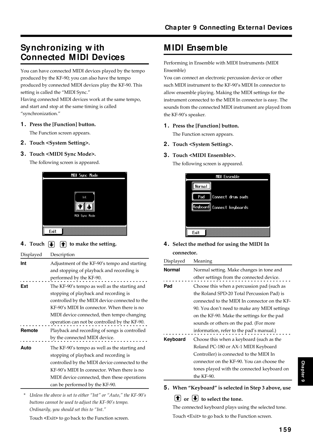 Roland KF-90 owner manual Synchronizing with Connected Midi Devices, Midi Ensemble, 159 