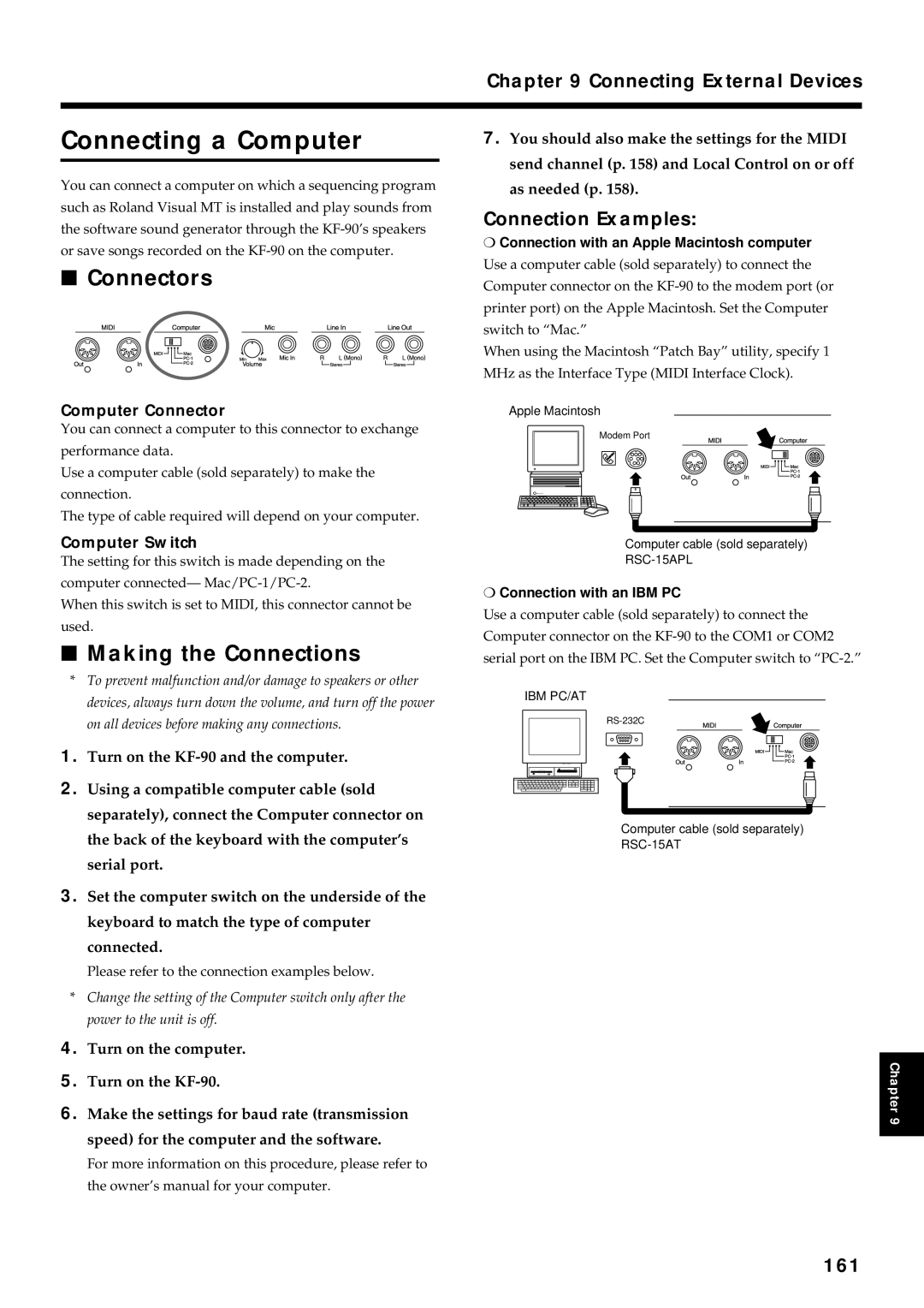 Roland KF-90 owner manual Connecting a Computer, Connection Examples, 161, Computer Connector, Computer Switch 