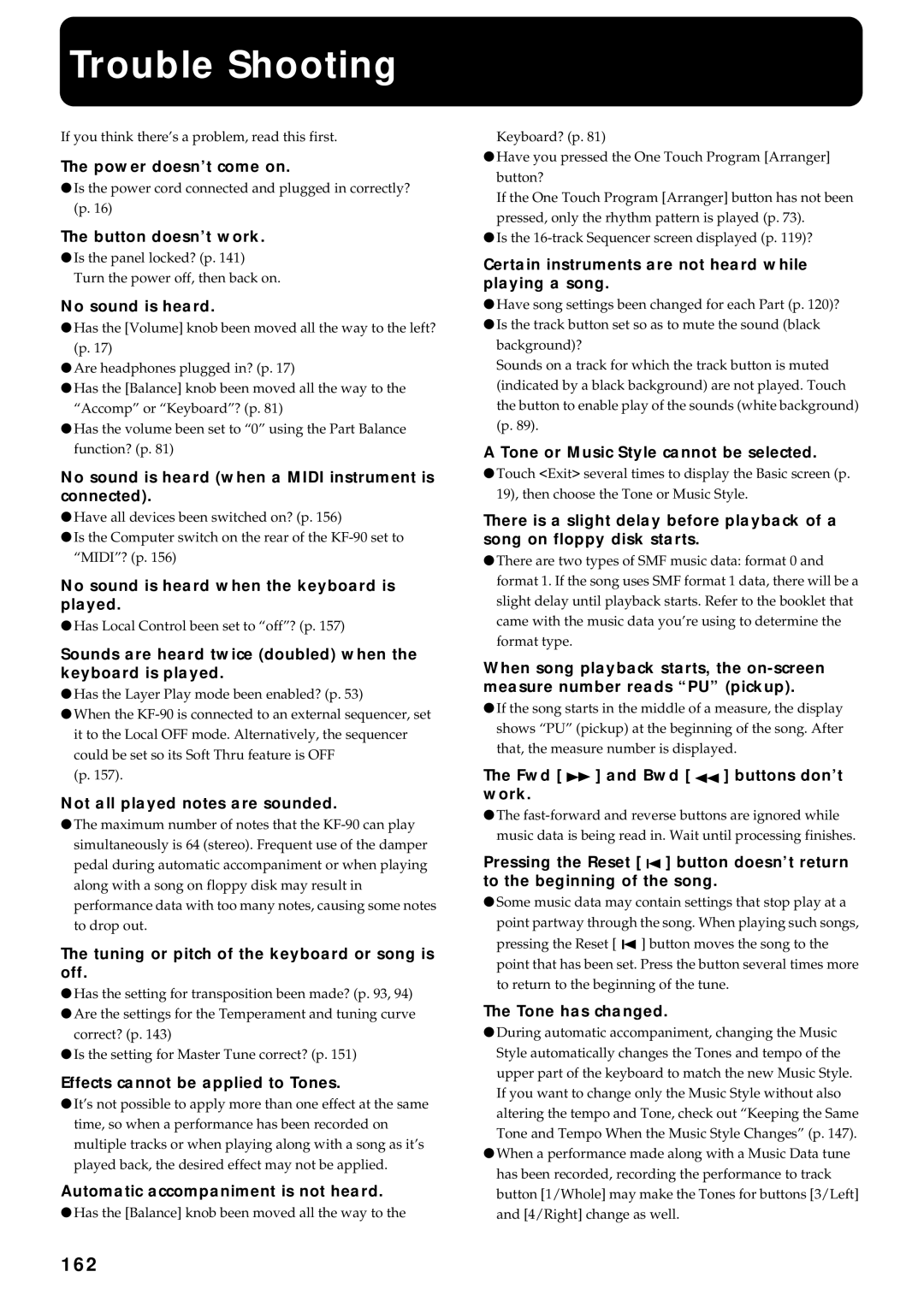 Roland KF-90 owner manual Trouble Shooting, 162 