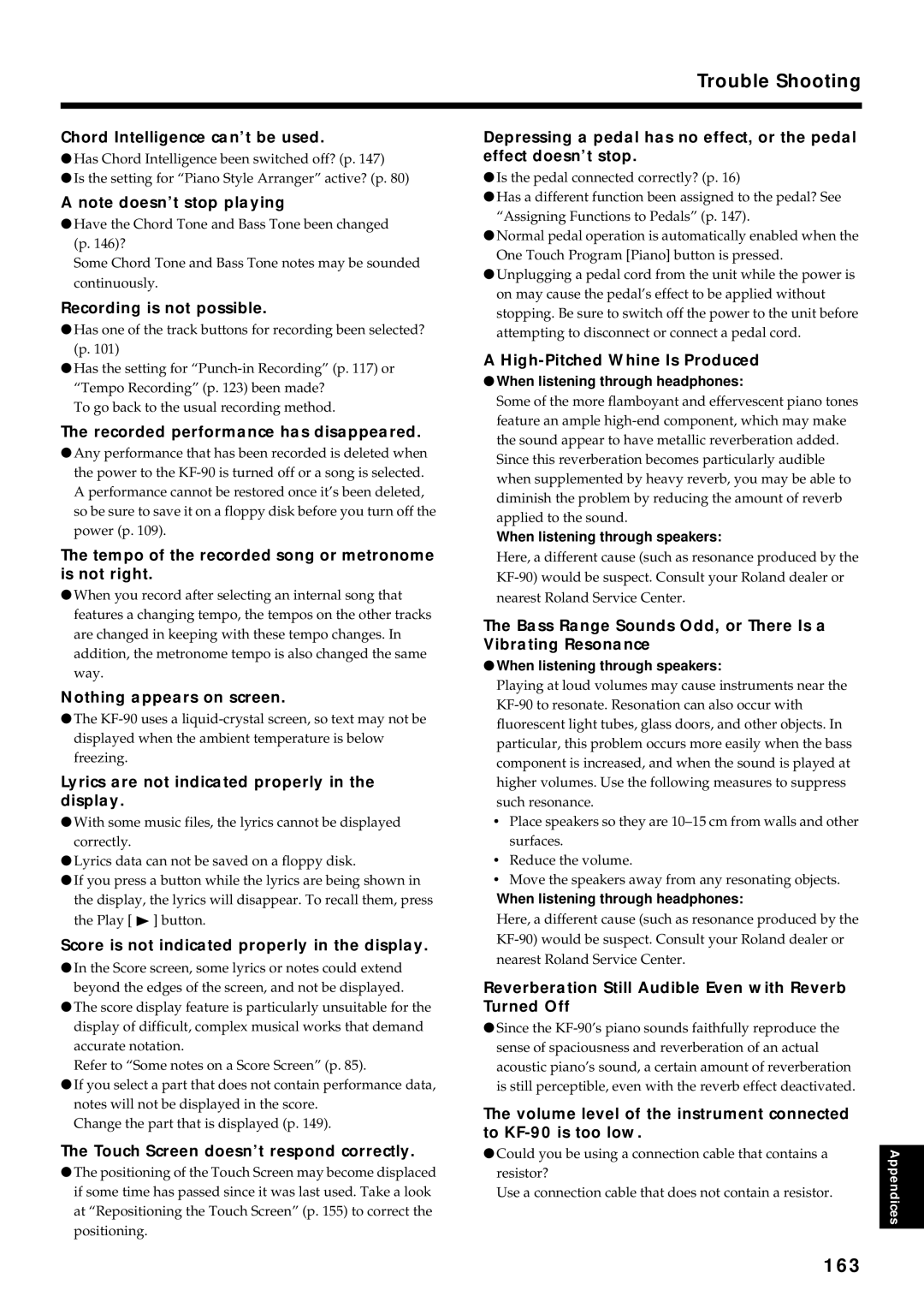 Roland KF-90 owner manual Trouble Shooting, 163 