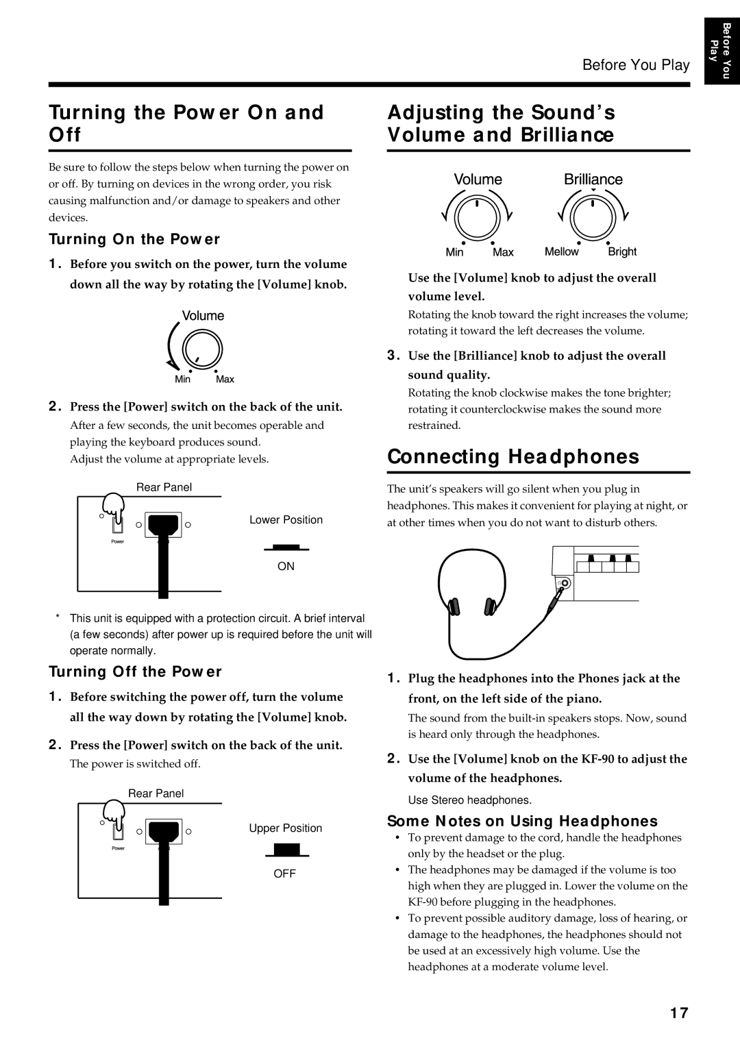 Roland KF-90 owner manual Turning the Power On and Off, Adjusting the Sound’s Volume and Brilliance, Connecting Headphones 